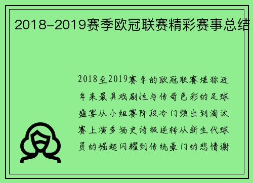 2018-2019赛季欧冠联赛精彩赛事总结
